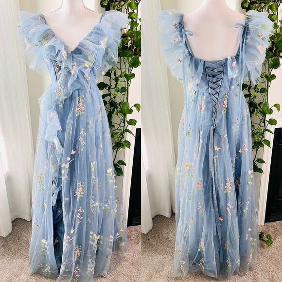 Gorgeous Ethereal Blue Fairy Enchanted Floral Lace up Gown Fairycore Plus 18W - Picture 1 of 15